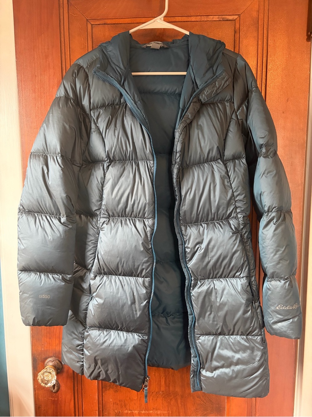 Eddie Bauer Women's Long Hooded Puffer Coat in Dark Teal